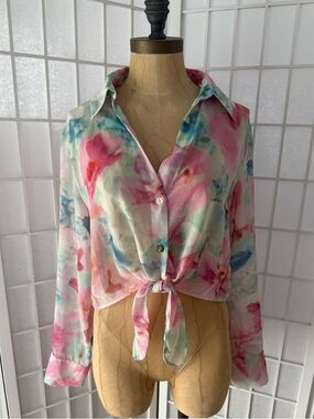 Zara Tie Front Crop Blouse Watercolor Pastel Button Up Top Size L